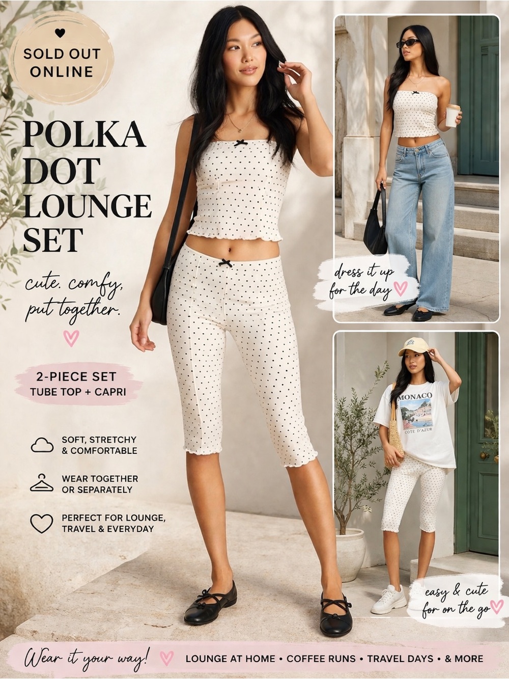 LyreBird Polka Dot Tube Top + Capri Set NWT M Anthro Lounge